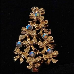 Avon Gold Bow Tree Brooch with Iridescent Blue Gems
